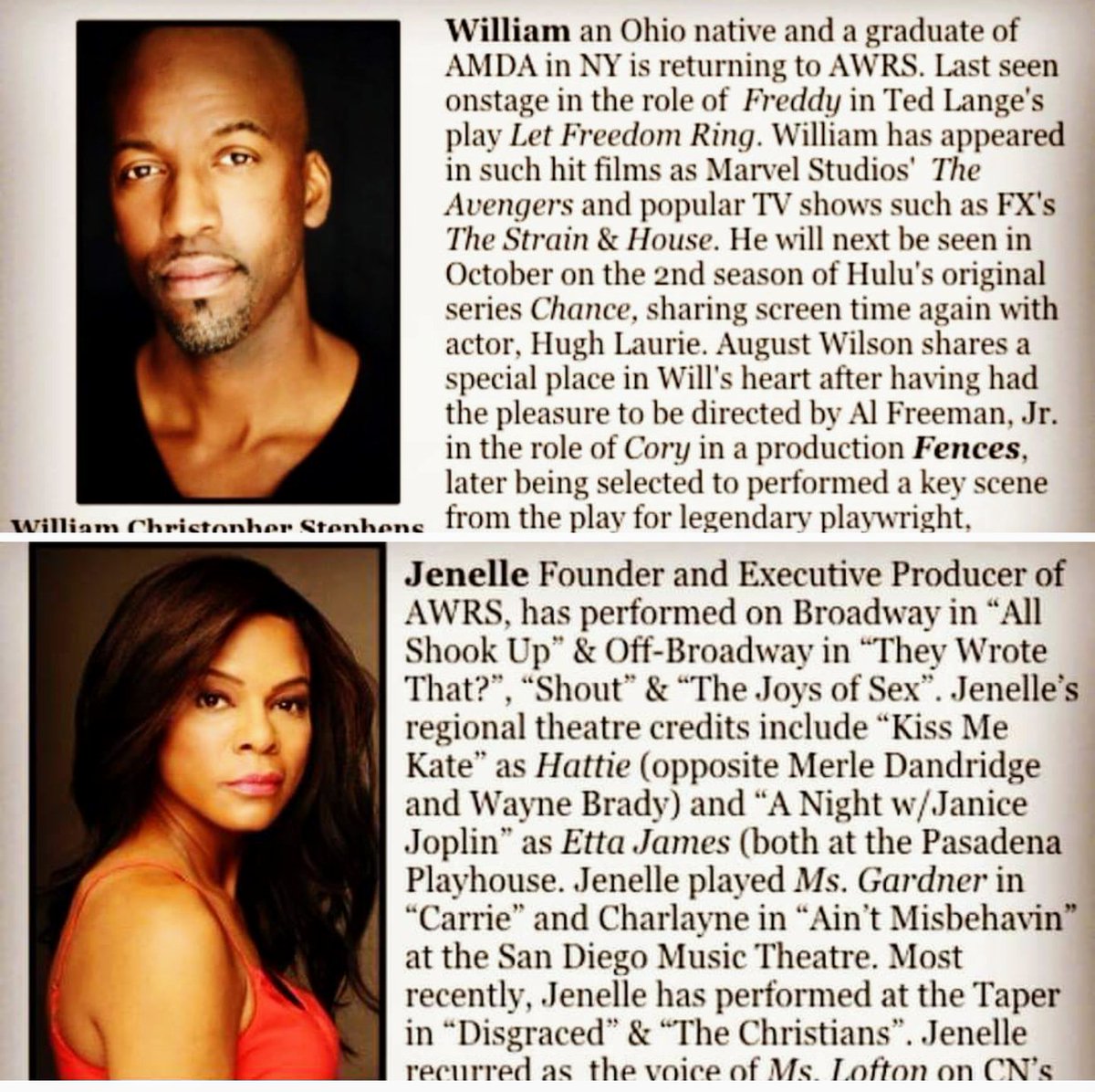 AWRS2017's tweet photo. #AWRS SPOTLIGHTS - @WillCMe as YOUNGBLOOD &amp; @JenelleLRandall as RENA in #JITNEY @RogueMachineLA TONIGHT @ 7:30pm!🎭

Seats still avail😀😀 https://t.co/9480uwF1ef