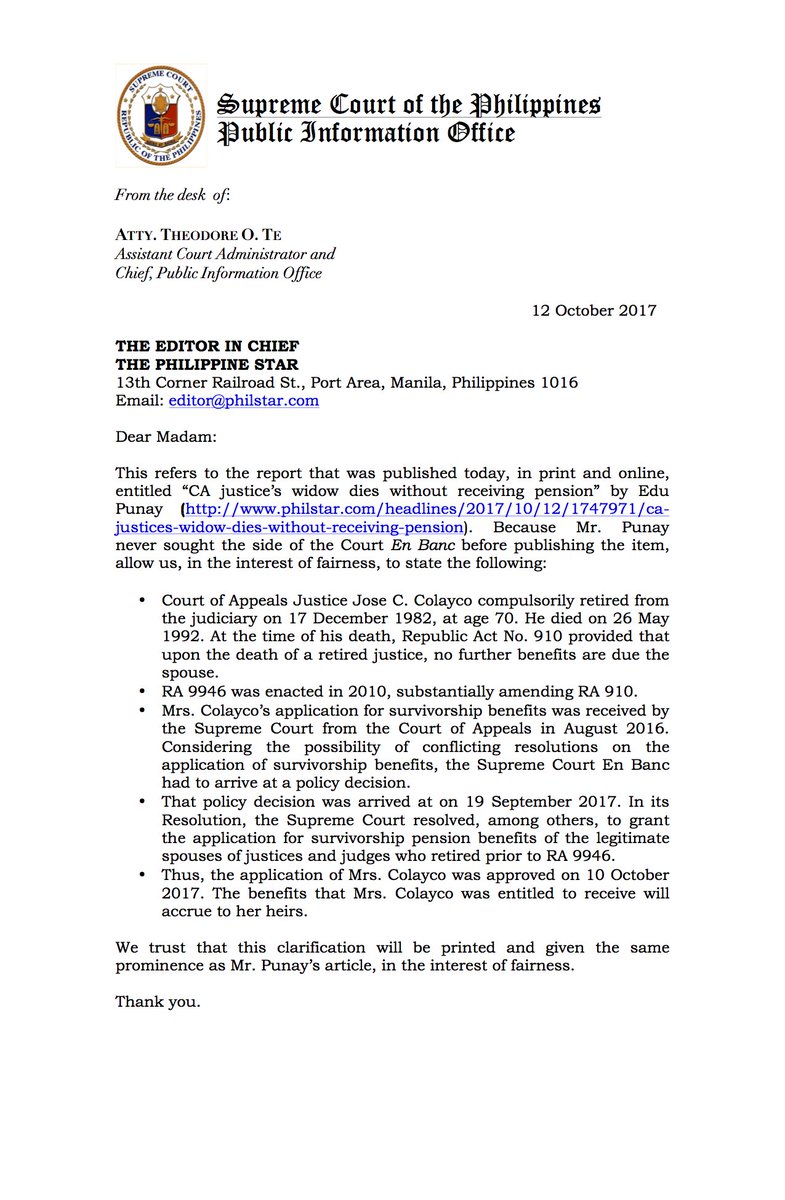 SCPIOChief's tweet photo. @SCPIOChief’s letter to the @PhilippineStar on its reporter’s Oct 12 item.Posting it here as the paper has not seen fit to print the same. https://t.co/gdcf0uJGtC