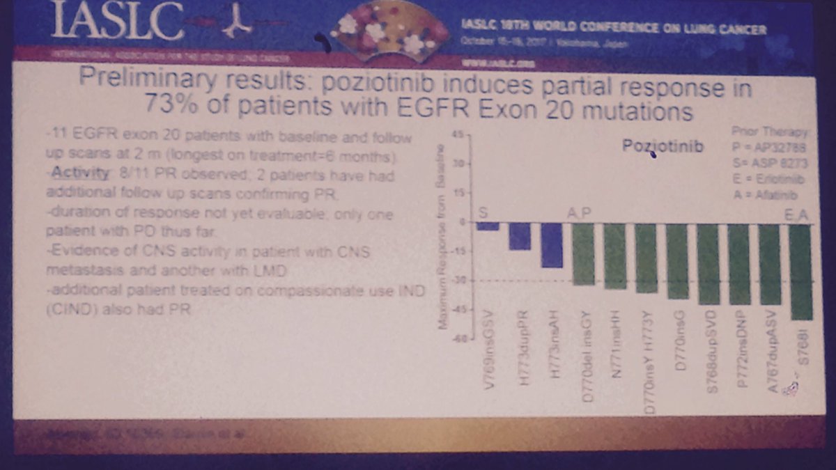 Cortot_Lille's tweet photo. New EGFR TKI poziotinib active in exon 20 EGFRmut pts (preliminary results). Finally some hope for these patients! Elamin et al. #WCLC2017 https://t.co/xkHKqxDsaN