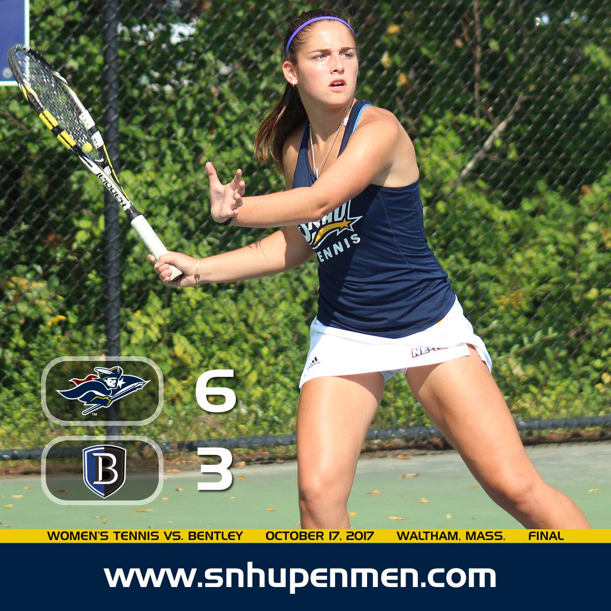 Recap: <a href="/SnhuTennis/">SNHU Tennis</a> Women Inch Closer to No. 3 Seed With 6-3 Win at Bentley snhupenmen.com/x/19xp5