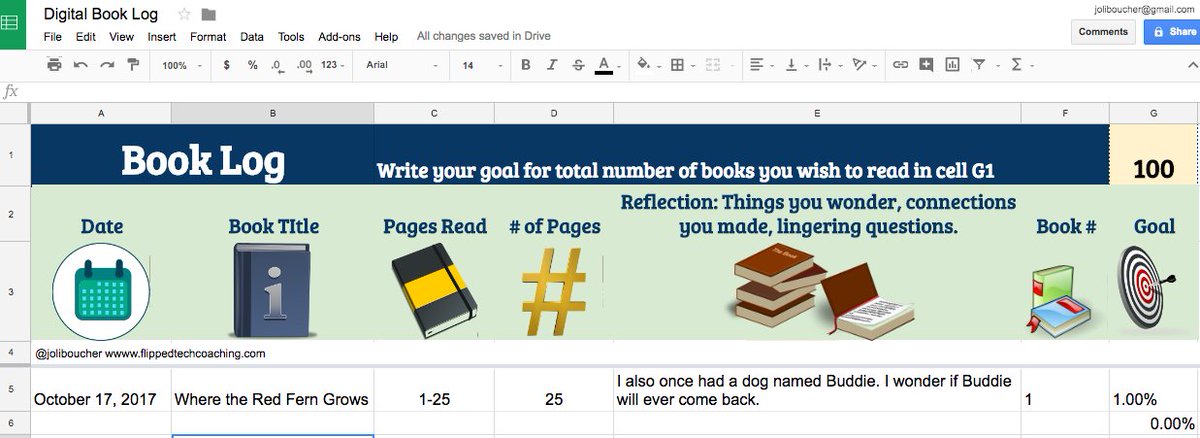 joliboucher's tweet photo. Blog and Template: DIGITAL READING LOG using Google Sheets https://t.co/fobAhrX5ev #googlesheets #gsuiteedu #edtechchate #edtech #reading https://t.co/3T9MNmI6IQ