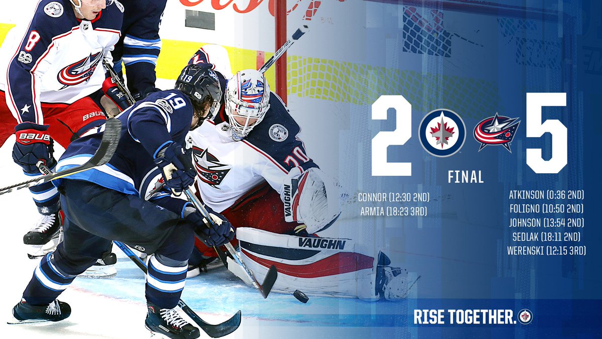 #NHLJets fall short to Columbus after 60.  Connor & Armia each with their first of the season!  #CBJvsWPG https://t.co/ZbWNkmYUkk