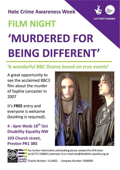 DIsabilityNW's tweet image. Come &amp;amp; join us this afternoon to watch &amp;amp; discuss @sophie_charity 'Murdered for being different'. #hcaw17 #letsendhate #no2hate