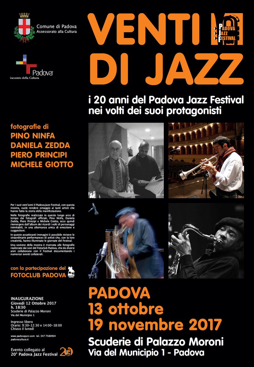 fino al 19 novembre è visitabile alle Scuderie del <a href="/comunepadova/">Comune di Padova</a> la mostra fotografica "Venti di Jazz", coi volti di 20 anni di #padovajazz.