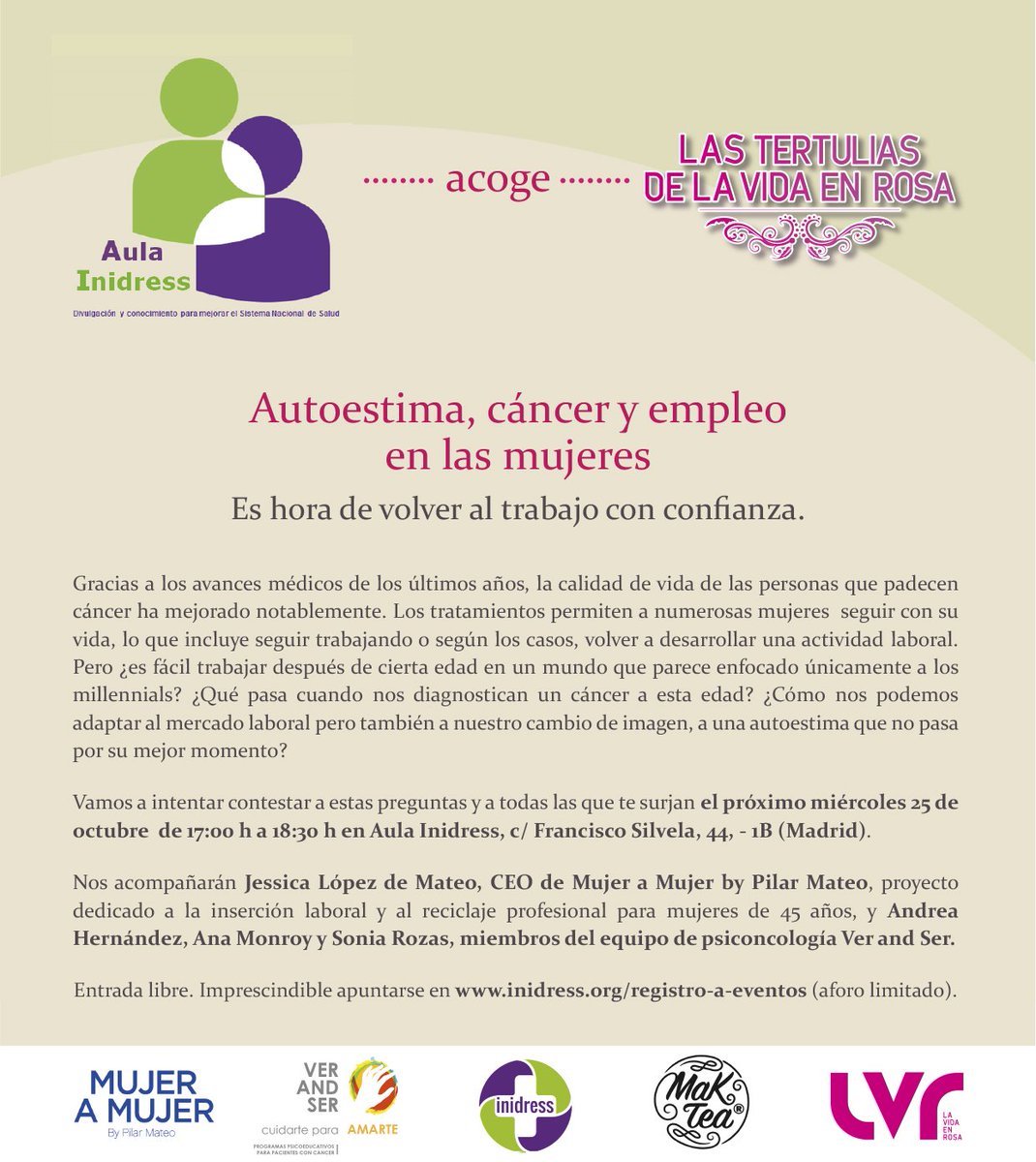 Inidress's tweet photo. Sólo falta una semana para nuestra #AulaInidress sobre cáncer,empleo y autoestima en mujeres.Inscríbete en https://t.co/MNxWXMEi39 No faltes https://t.co/iuhjUa9PPY