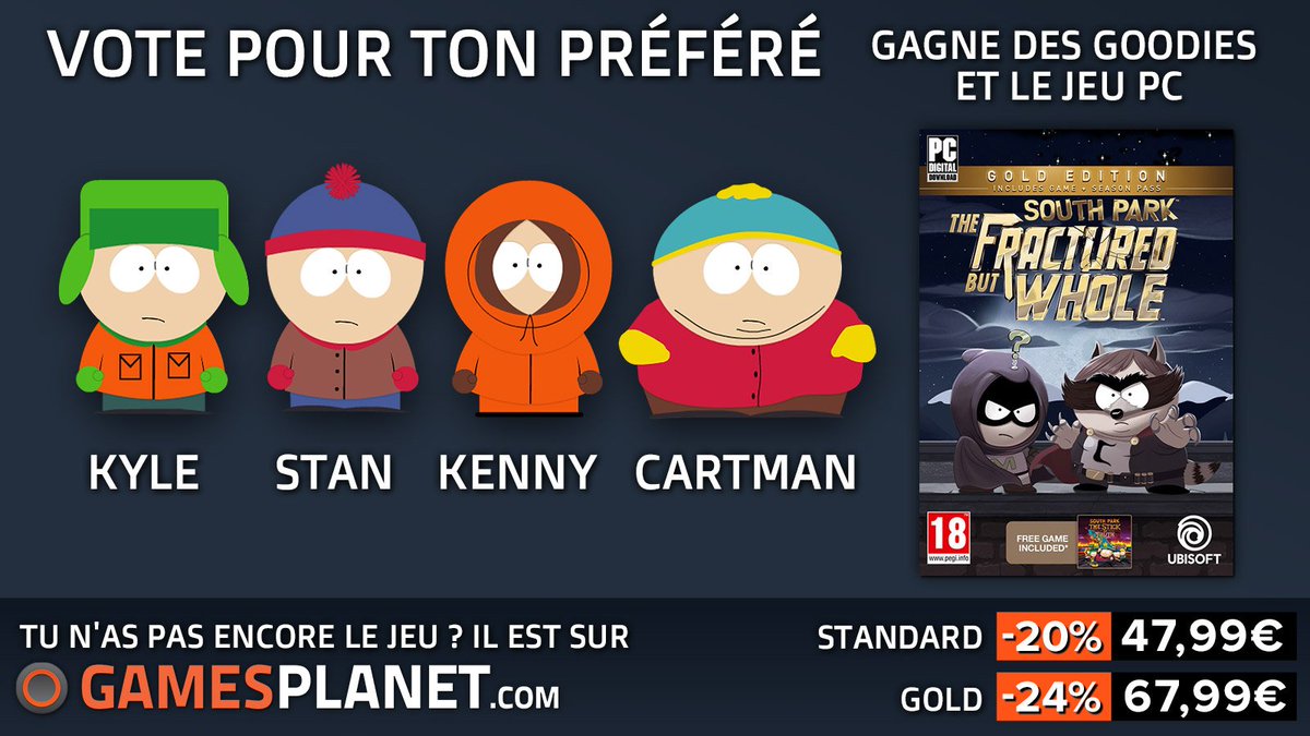 JVCom's tweet photo. RT pour participer et dis nous qui est ton préféré !
Gagne le jeu South Park sur Gamesplanet : https://t.co/mAT0XNd0G8
Fin 20/10/2017 à 15h. https://t.co/qnqxhXxCpq