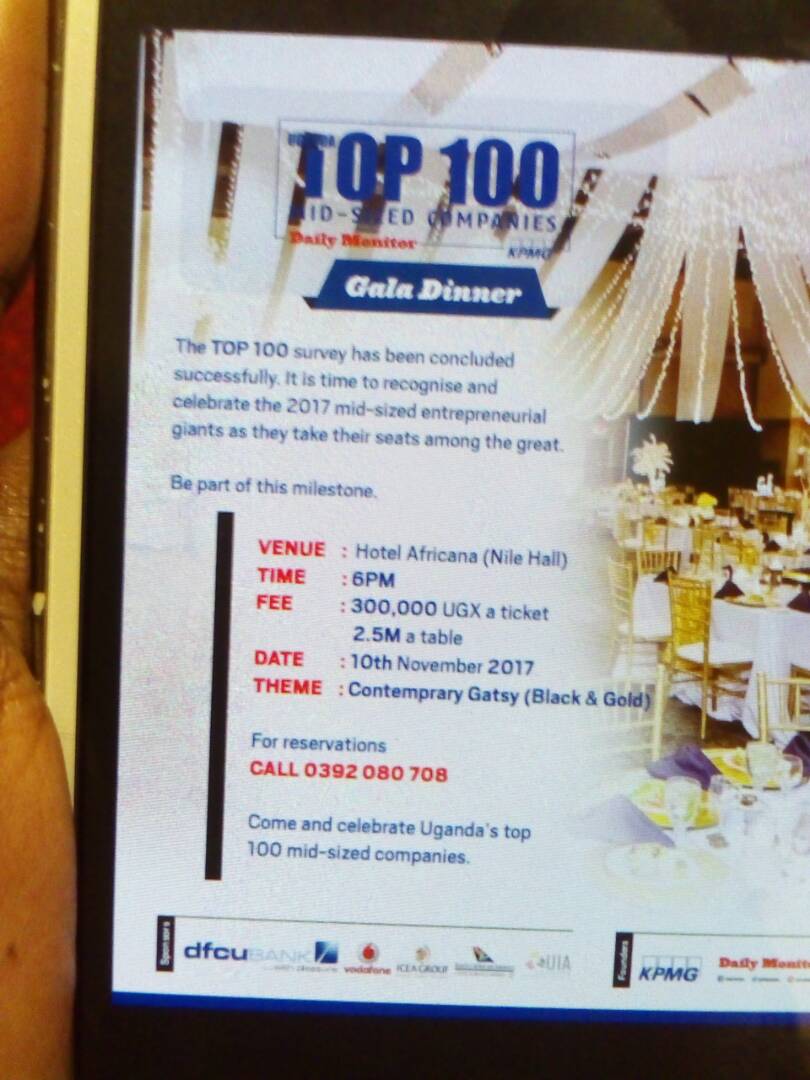 DailyMonitor's tweet photo. The top 100 mid sized companies survey has been concluded. It is now time to celebrate the 2017 entrepreneurial giants. Be part #Top100Forum https://t.co/T2umI94hWD