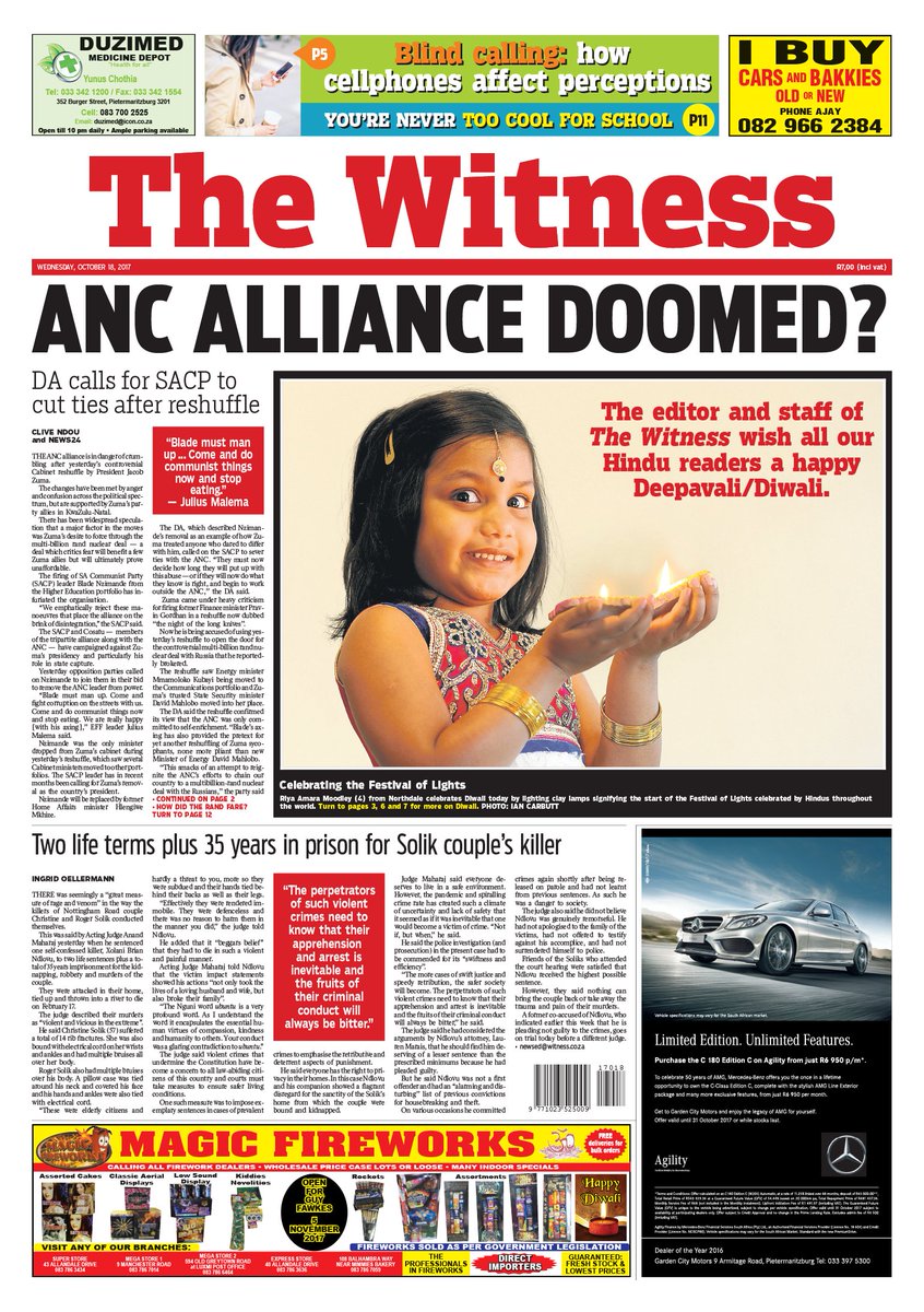 WitnessKZN's tweet photo. In today's #WitnessNewspaper: #ANC alliance doomed? | Two life terms plus 35 years in prison for Solik couple's killer | Eskom hike 'unwise' https://t.co/FdlMy9E0rG