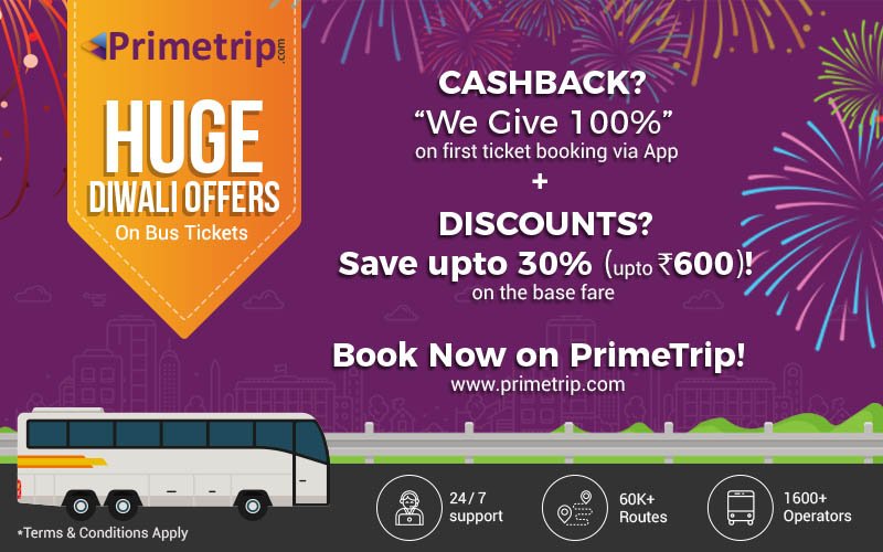 primetripglobal's tweet photo. @primetripglobal announces best ever offer this Diwali! Upto Rs.600 Savings on bus tickets! (T&C Apply)
Visit https://t.co/dk35HDaXzs https://t.co/FbDCCW7wO3