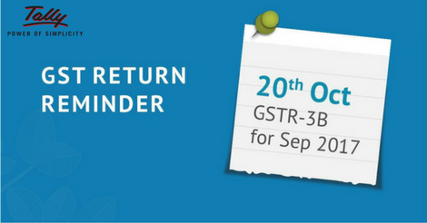 tallydealer's tweet photo. Quick reminder to file your #GSTR_3B (for September) 

#GST #TallyERP9 #GST_Software #TallyForGST #TallyHaiTohTayyarHain #Tallywale #Comhard https://t.co/by9XDBDoGO