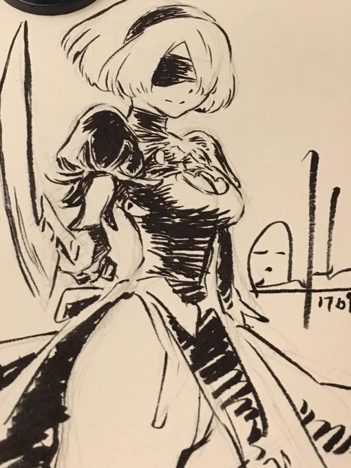 @abant_dothack お久しぶりですー
ゆうたんさんの2Bステキですよ～(^-^)
ゲームクリアして、ムックやサントラに手を出す程度に好きです!
昔からキャラデザインの吉田明彦ファンなのです(;'ρ`)

写真は以前友人に描いた2Bさんです 
