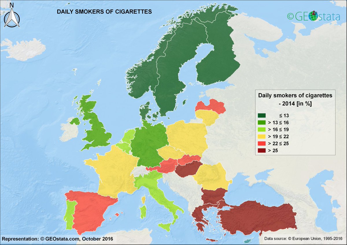 Map shows share of population that smoke #cigarettes daily. Source:  https://t.co/OtuRlVr2NC