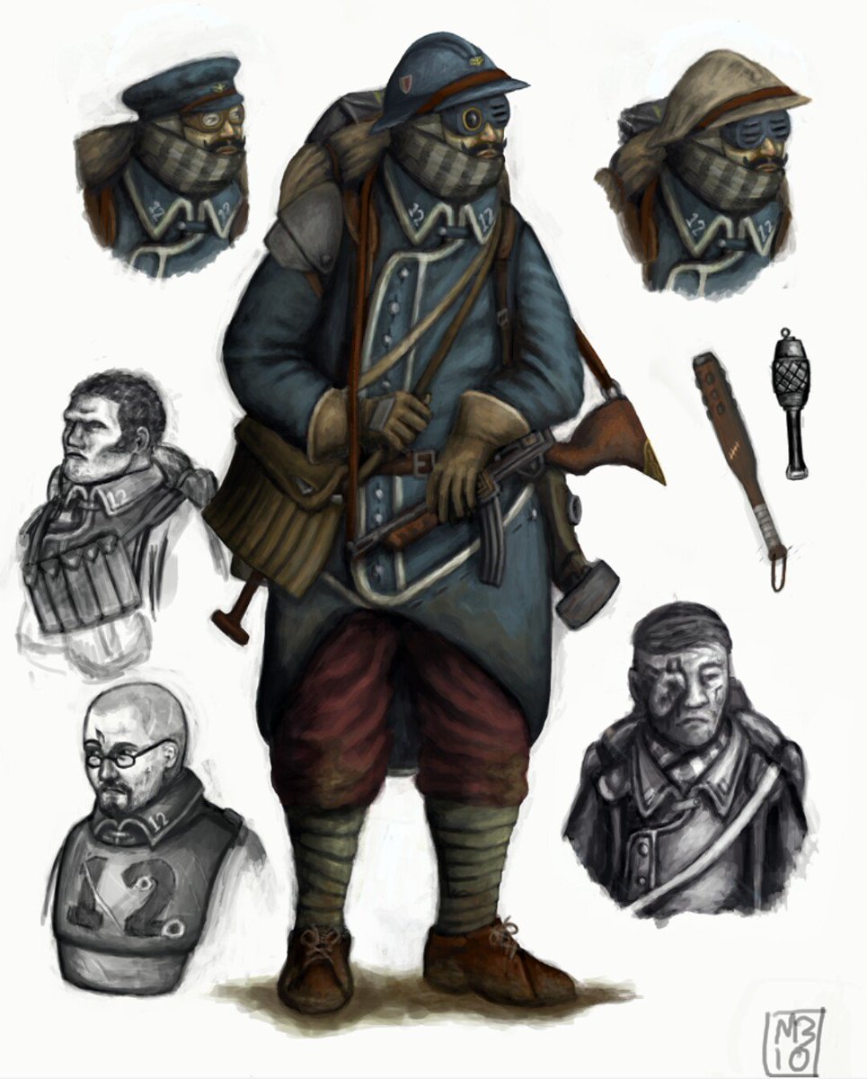 ワニ革 骨破大隊 スチームパンクの兵士 塹壕アーマー 連発小銃 脚絆 サスペンダー ベルト装備 とww1時代の装備の影響が見られるけど サイバーパンクの兵士は 自動小銃 タクティカルベスト モデュラーボディアーマー レッグポーチ