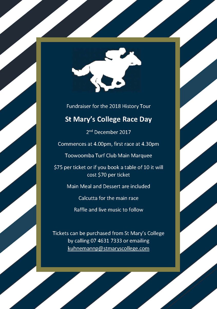 StMarysTmba's tweet photo. St Mary's College Race Day, 2nd December 2017 @4pm, Toowoomba Turf Club Main Marquee. #stmarystmba #smchistorytourraceday2017 https://t.co/XsvNrjiJ4g