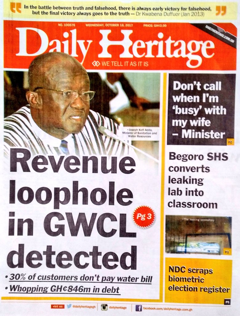 ghonetv's tweet photo. Daily Heritage: Revenue loophole in GWCL detected..30% of customers don't pay water bill..whooping Gh¢846M in debt #GHToday #Yensempa https://t.co/eBFf3epYGW
