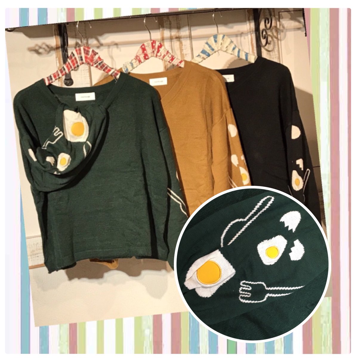 Vogue A Twitter Parco店 こんにちは リベットアンドサージから 新作をご紹介します 目玉焼きvネックニットプルオーバー 4 900 Tax 全3色 グリーン キャメル ブラック ゆったりなお袖と目玉焼きのデザインが可愛いです シャツとの重ね着もおすすめです