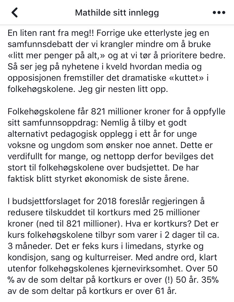 MathildeTG's tweet photo. Etter å ha sett @nrknyheter i går om «kuttet» til folkehøgskolene, måtte jeg skrive litt. «Kutt-journalistikken» må bli bedre. @ https://t.co/qpKEbT3ou9