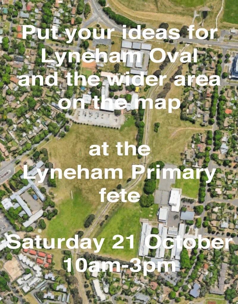 Put your idea for <a href="/Lyneham_ACT/">Lyneham Community Association</a> Oval and the wider area on the map. Sat 21 Oct at the Primary School fete 10am-3pm. BBQ? Playground? Seats?