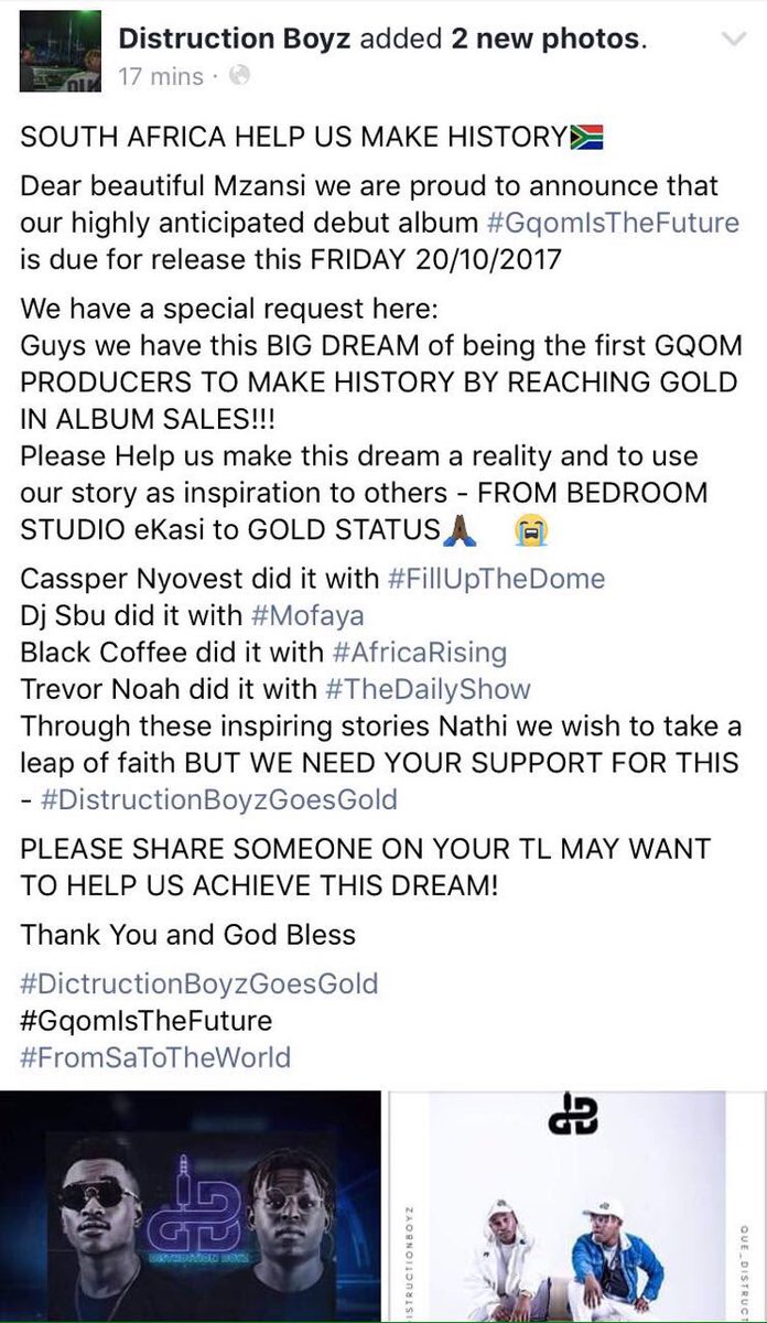 DistructionB's tweet photo. OPEN LETTER TO SOUTH AFRICA

MZANSI WE NEED YOU SOO MUCH - OUR DREAM IS IN YOUR HANDS!!!🙏🏿🙏🏿🙏🏿🙏🏿🙏🏿🙏🏿🙏🏿🙏🏿🙏🏿 #DistructionBoyzGoesGold https://t.co/3zoratsM98