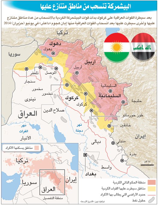 انفوغرافيك انسحاب قوات  البيشمركة الكردية من مناطق متنازع عليها بعد سيطرة القوات العراقية على
