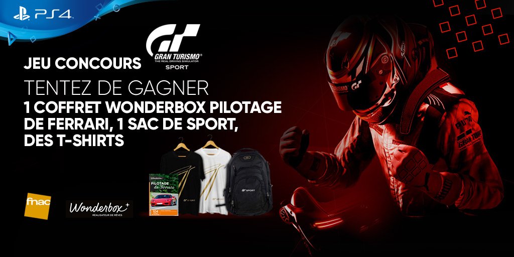 Fnac's tweet photo. JEU CONCOURS: À l'occasion de la sortie de #GranTurismoSport 🚗, tentez de remporter de nombreux cadeaux ! Pour participer, RT + Follow @Fnac https://t.co/3ymwBxoEgA