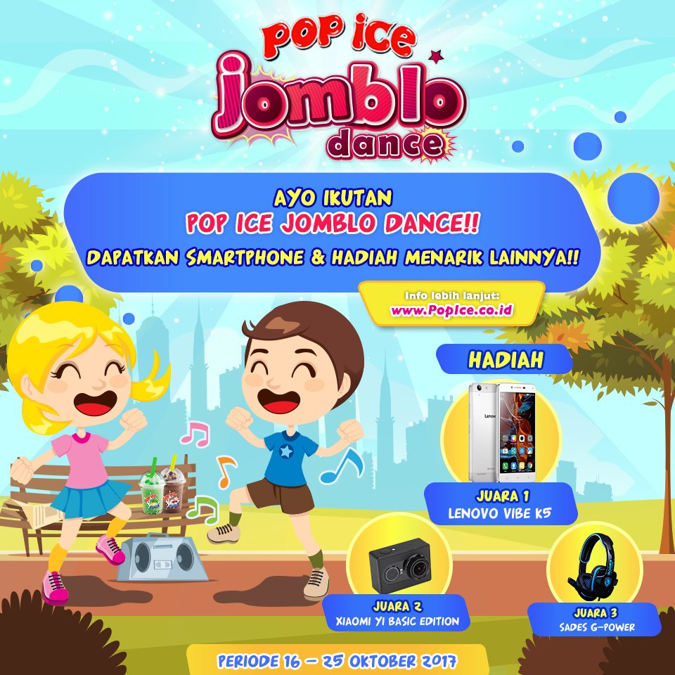 PopIceOfficial's tweet photo. 5. Durasi video maksimal 3 menit

6. Kirim video ke fan pages Pop Ice atau twitter @PopIceOfficial dengan hashtag #PopIceJombloDance https://t.co/6VjkKLPoml