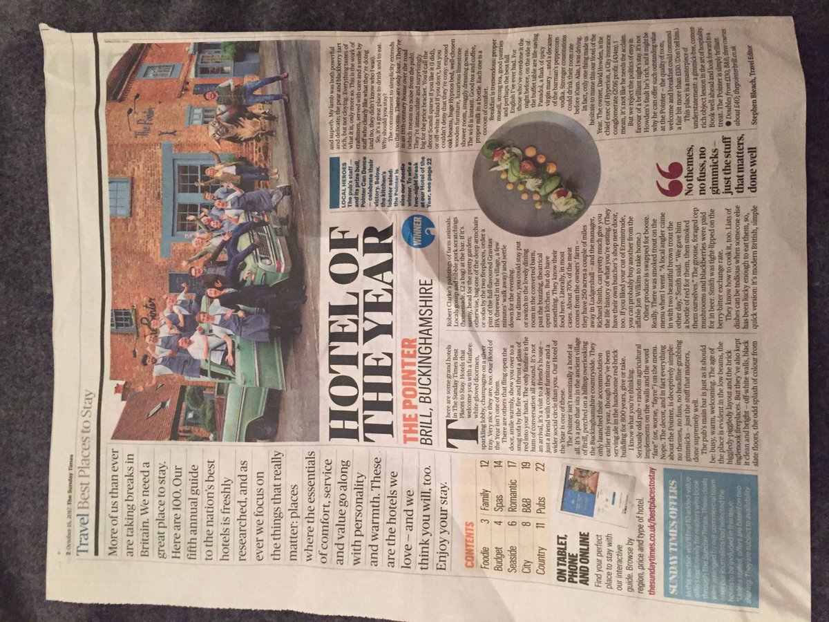Alex (@alex_james_g) on Twitter photo Simply incredible <a href="/thePointerBrill/">The Pointer Brill</a> review in the @thesundaytimes - great work #teamhowden #thepointer #brill #besthotel #uk Simply incredible <a href="/thePointerBrill/">The Pointer Brill</a> review in the @thesundaytimes - great work #teamhowden #thepointer #brill #besthotel #uk