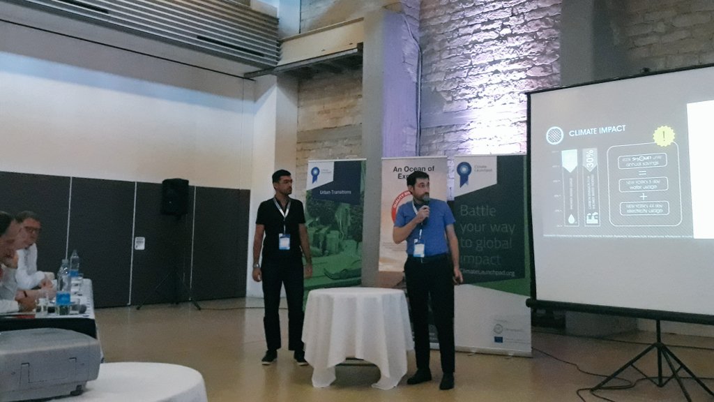 ClimateLaunch's tweet photo. Start-ups doing great on stage during theme award pitches. Showing off what they learned during boot camps.🌎 #fixingclimatechange #CLP17 https://t.co/mEJSTjFU9L
