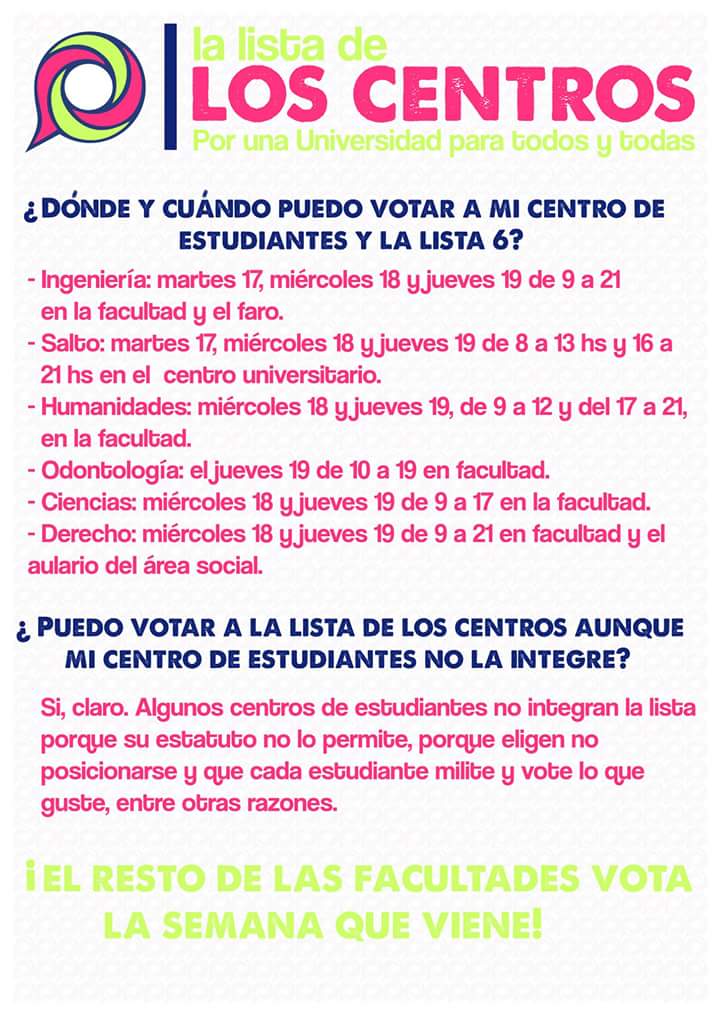 Dónde y cuándo puedo votar a mi centro de estudiantes? #Notequedesafuera con la 6, la lista de los centros.