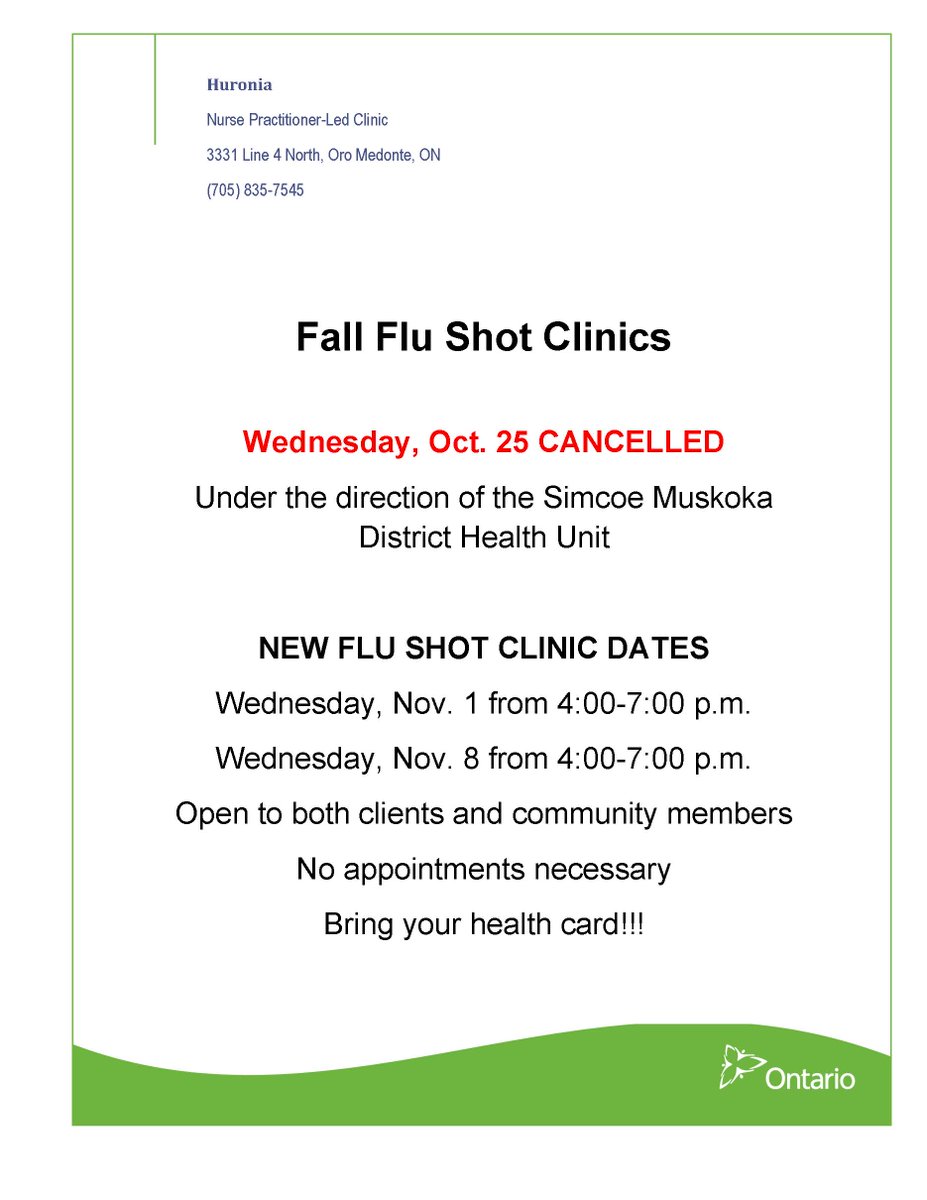 TwpOroMedonte's tweet photo. @huronianplc Flu Shot Clinic on Wed. Oct. 25 is CANCELLED. New dates Nov. 1st &amp; 8th, 4pm-7pm, no appointment needed. Bring your health card! https://t.co/N0tcv2V74d