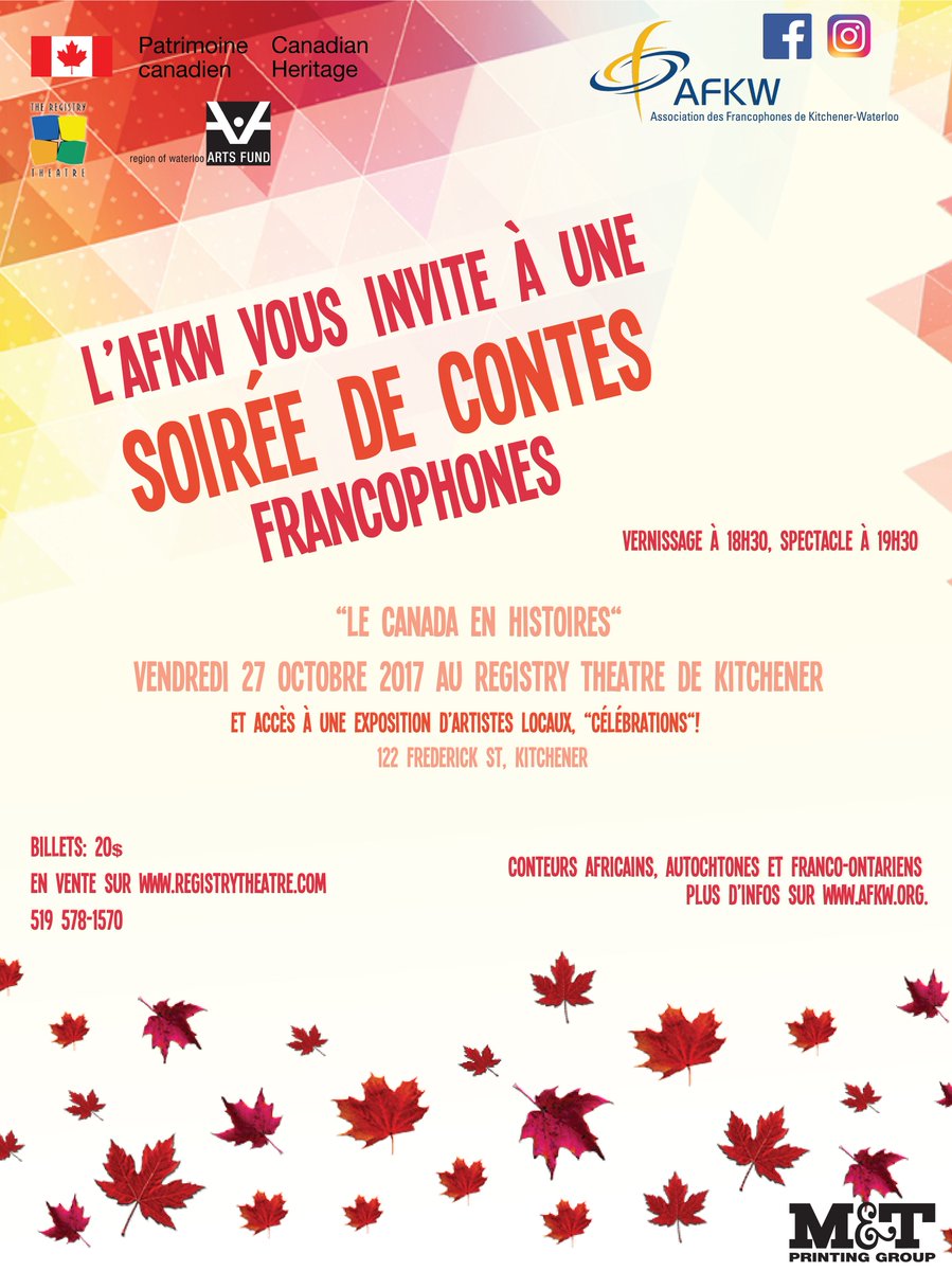CdnHeritage's tweet photo. #AFKW presents an evening of Francophone storytelling in #Kitchener on Oct. 27 #ContesFrancos #ONfr https://t.co/257KaPR0Uj https://t.co/WozTZ7pwjW