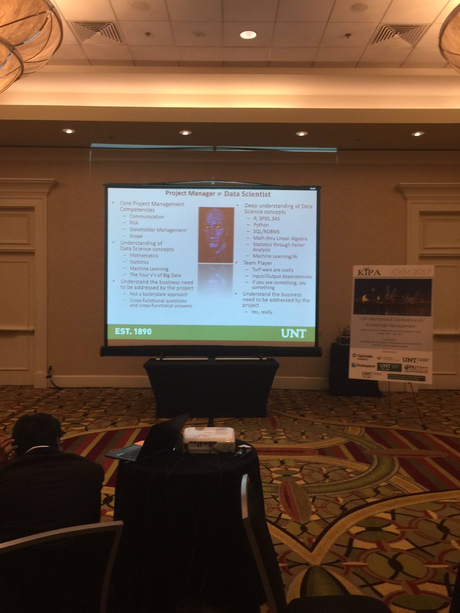 UNTInfoScience's tweet photo. Data Science v. Project Management #unt #ICKM2017 @PMInstitute https://t.co/uZ72knEGhj