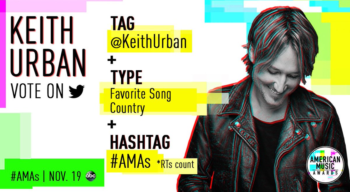 KeithUrban's tweet photo. Retweet to VOTE for @KeithUrban's song #BlueAintYourColor for Favorite Song Country at the #AMAs! ✅🎶 https://t.co/nYrBozTobW