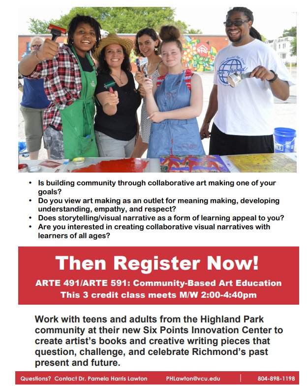 ChZ_PhD's tweet image. Hey! Helping my faculty mentor teach this class &amp;amp; if U are/kno amazing #VCUstudents/community res. in Highland Park, Join US
👩🏾‍🎨👨🏾‍🎨🎨📚