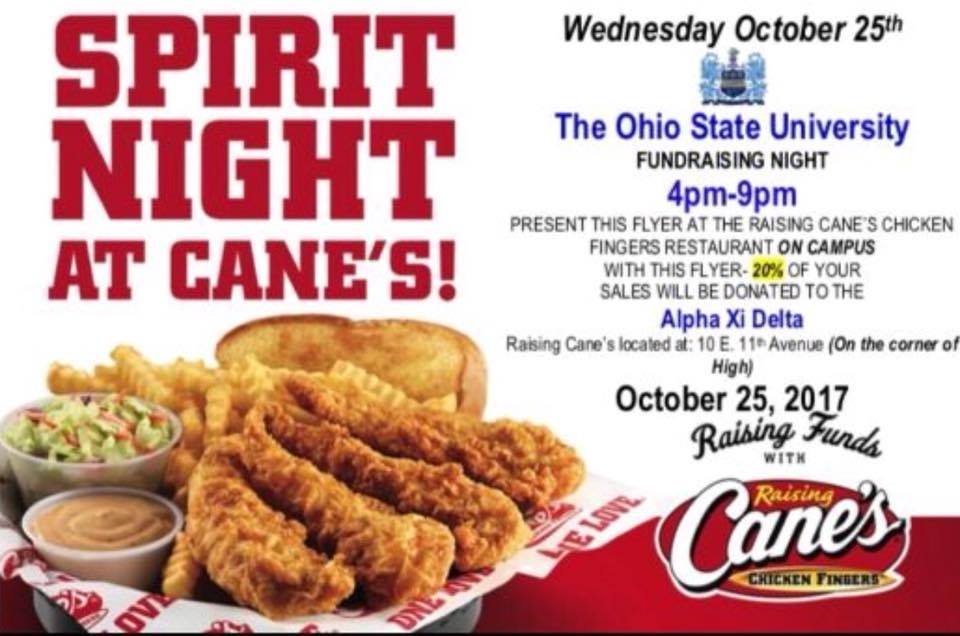 Head to Cane's tonight to support Autism Speaks, the philanthropy of our lovely block partners @AlphaXiDeltaOSU and show this flyer!