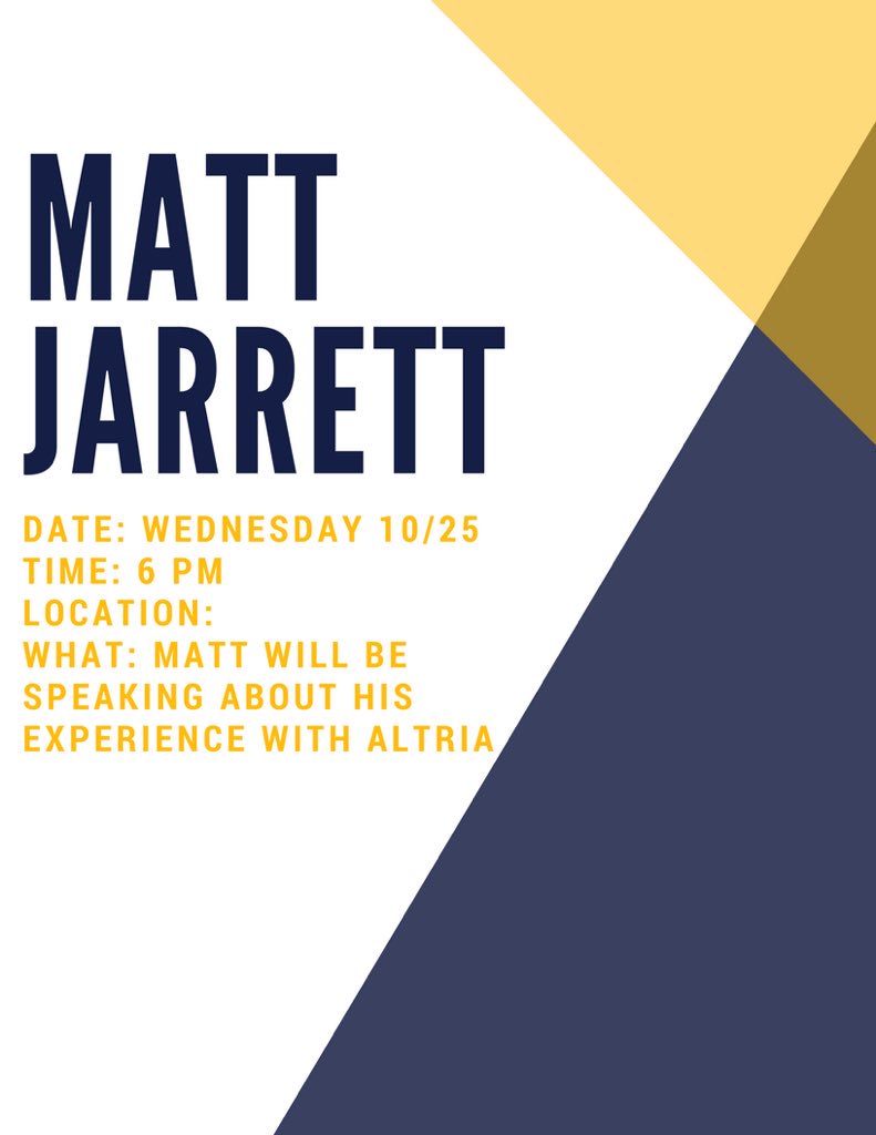 wyoama's tweet photo. TONIGHT our very own, Matt Jarrett, will be speaking about his experience with Altria as a part of Marketing Week! Join us in BU 23 at 6 PM😎 https://t.co/RxlMZGZgzh