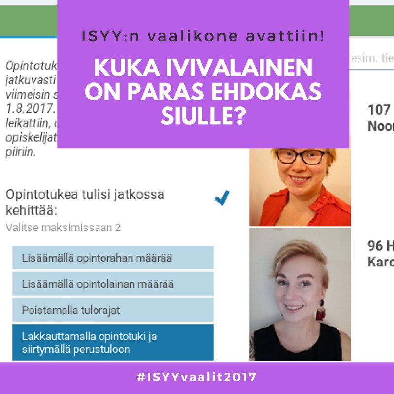 IViVa_GLEF's tweet photo. Vaalikone aukes - kuka on siulle paras IViValainen ehdokas? https://t.co/vMKcAGosk6 #ISYYvaalit2017 #ISYY #ISYYedari #edarivaalit #vasop https://t.co/rKpB8x5r8A