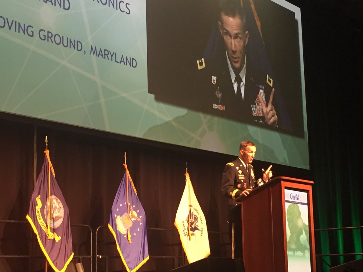 CorrinAmber's tweet photo. .@CECOMAPG’s MG Taylor closes out #milcom2017 noting the Navy flag behind him: “Go Army, beat Navy” #milcom https://t.co/UW4WXKTB0l