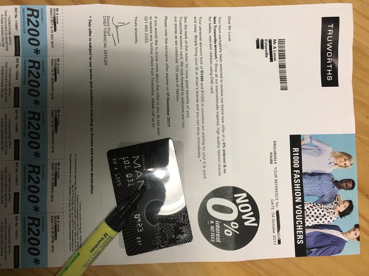 1/2 Hey <a href="/TruworthsTweets/">Truworths</a> , please explain to me how and why you register me for your rewards program without my consent? Received in mail!