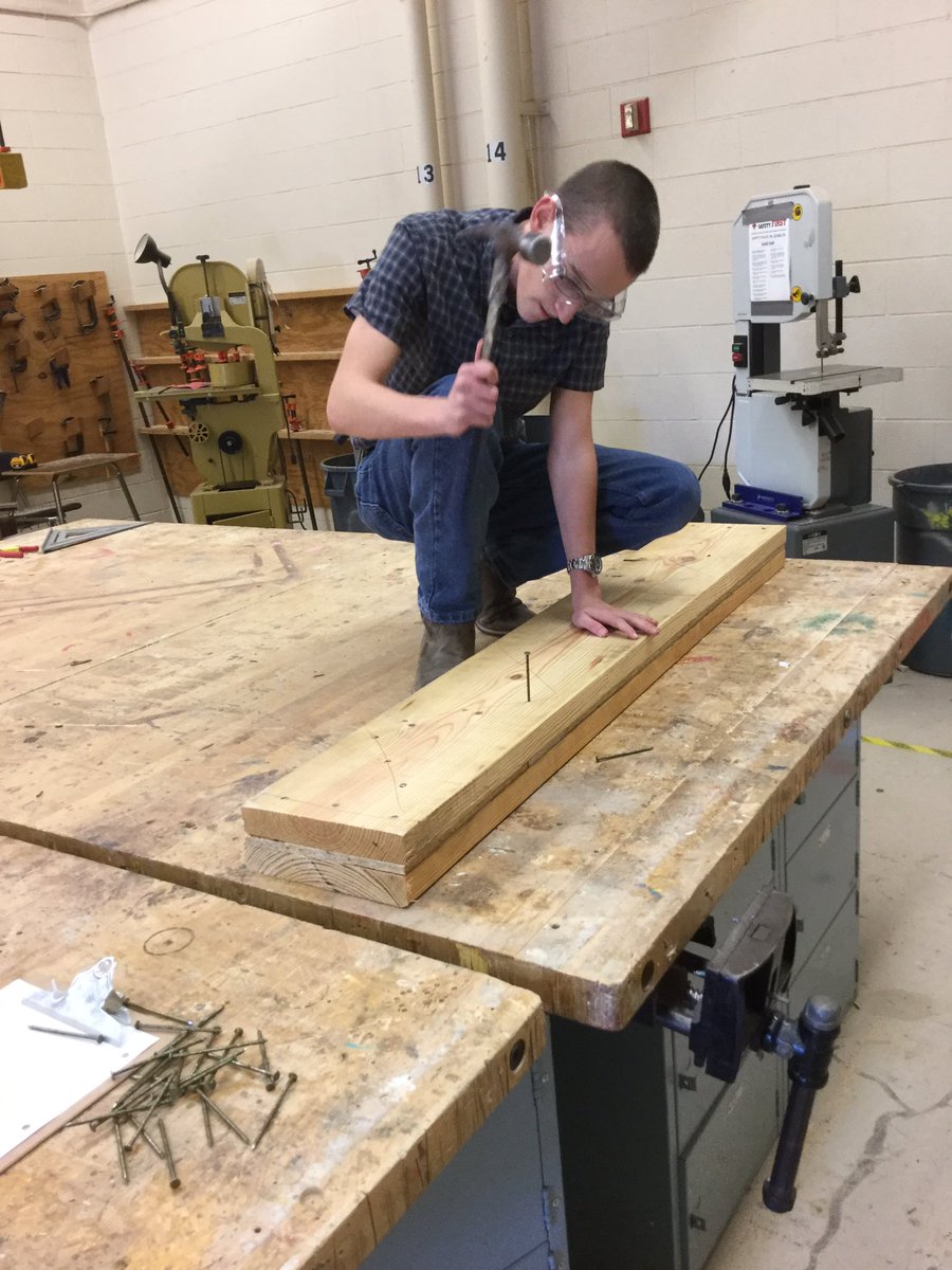WarrenCTEWood's tweet photo. Construction Tech 1 students assembling the front porch beams for a Habitat for Humanity house and working on those hammering nail skills. https://t.co/gapPbMzAIL