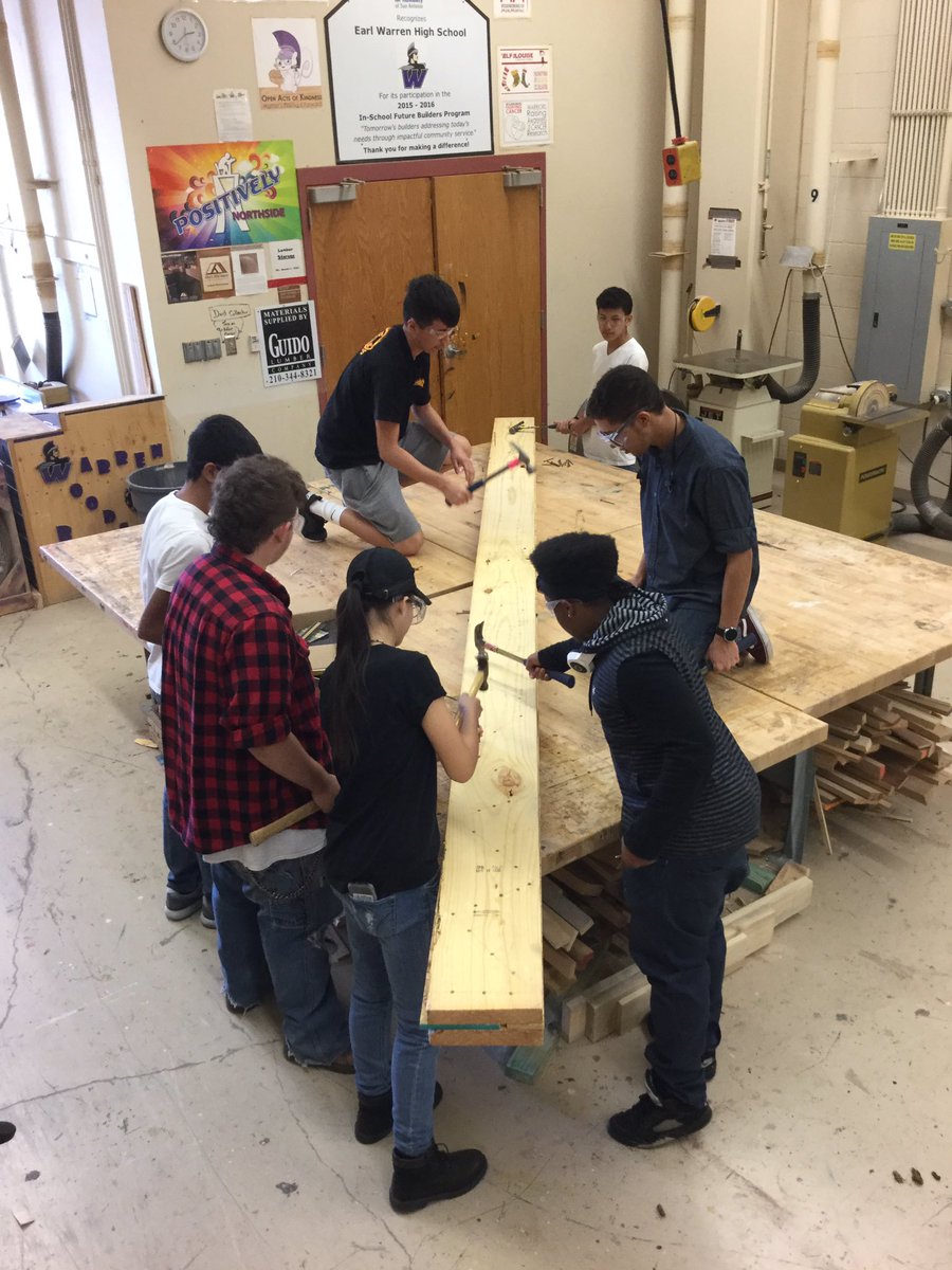 WarrenCTEWood's tweet photo. Construction Tech 1 students assembling the front porch beams for a Habitat for Humanity house and working on those hammering nail skills. https://t.co/gapPbMzAIL