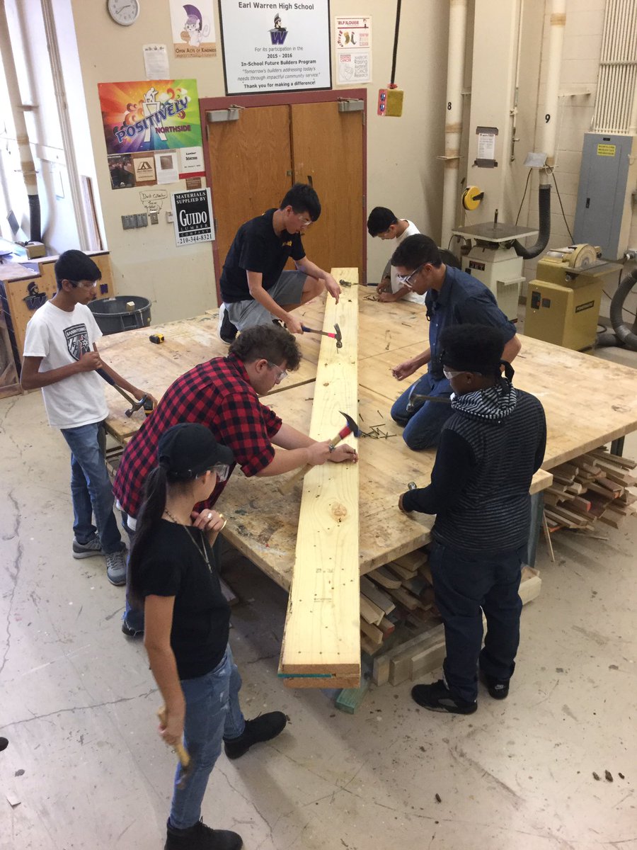WarrenCTEWood's tweet photo. Construction Tech 1 students assembling the front porch beams for a Habitat for Humanity house and working on those hammering nail skills. https://t.co/gapPbMzAIL