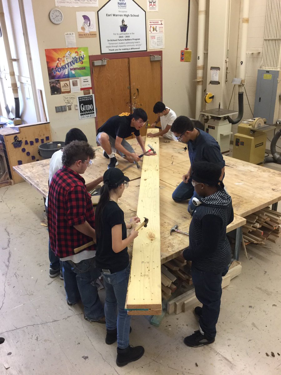 WarrenCTEWood's tweet photo. Construction Tech 1 students assembling the front porch beams for a Habitat for Humanity house and working on those hammering nail skills. https://t.co/gapPbMzAIL