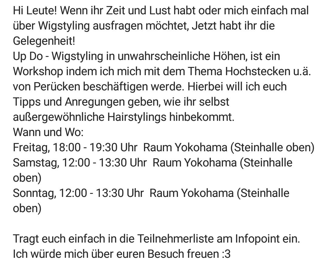 Cust0diana's tweet photo. Wenn jemand Lust hat kann er gern vorbei schauen 😎
#wigstyling #workshop #mmc #megamangaconvention #mmcberlin #cosplayworkshop
@MMCBerlin https://t.co/C8HhkN4B7V