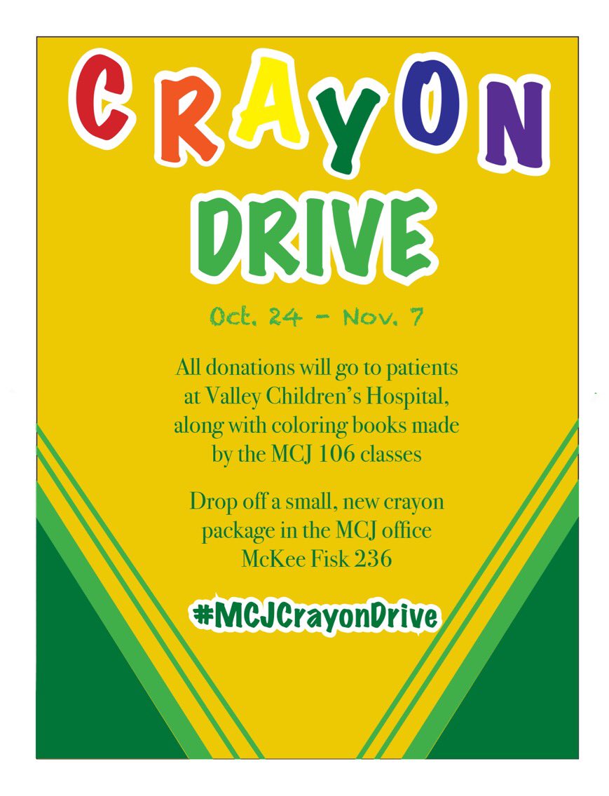 FSMCJDept's tweet photo. Hey Bulldogs🐾 Our MCJ106 Publication Design class is collecting #Crayons 🖍Help us by donating&amp;spreading the word! #WeAreMCJ #MCJCrayonDrive https://t.co/qFcRxWCZt3