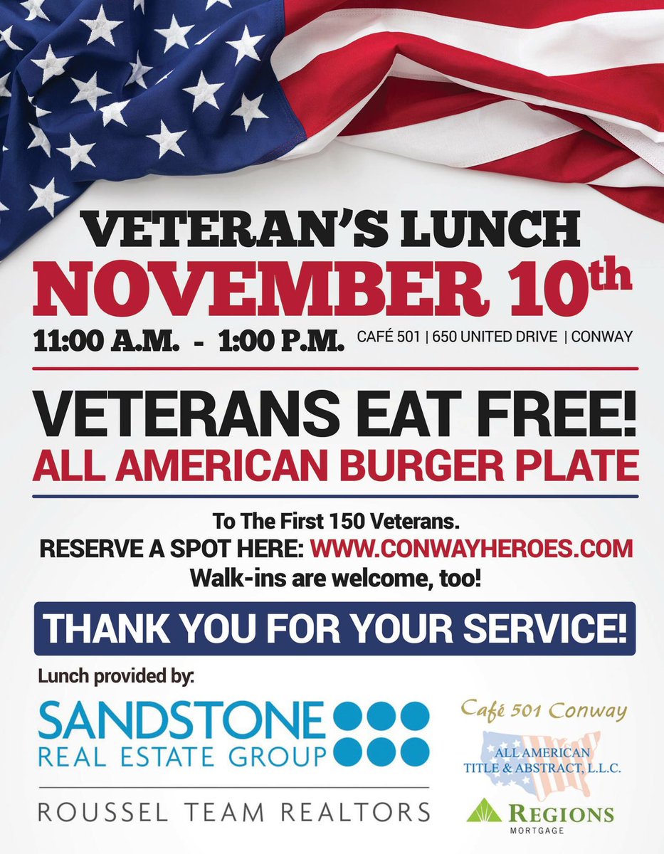 CentArkRealtor's tweet photo. Free Lunch for Veterans Nov. 10th @ConwayPolice @FCSO911 @SandstoneREG please share this around https://t.co/ZgcCZ9kve3