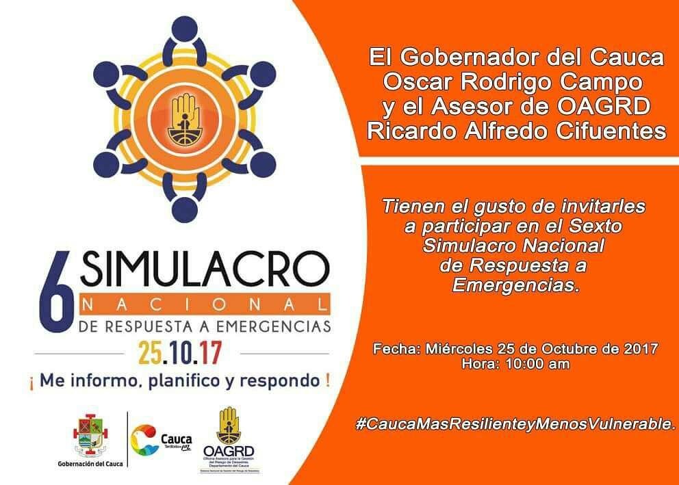 GobCauca's tweet photo. #Hoy participemos todos del Sexto simulacro de respuesta a emergencias.
#MeInformo #Planifico #Respondo https://t.co/sfzcwxcQAT