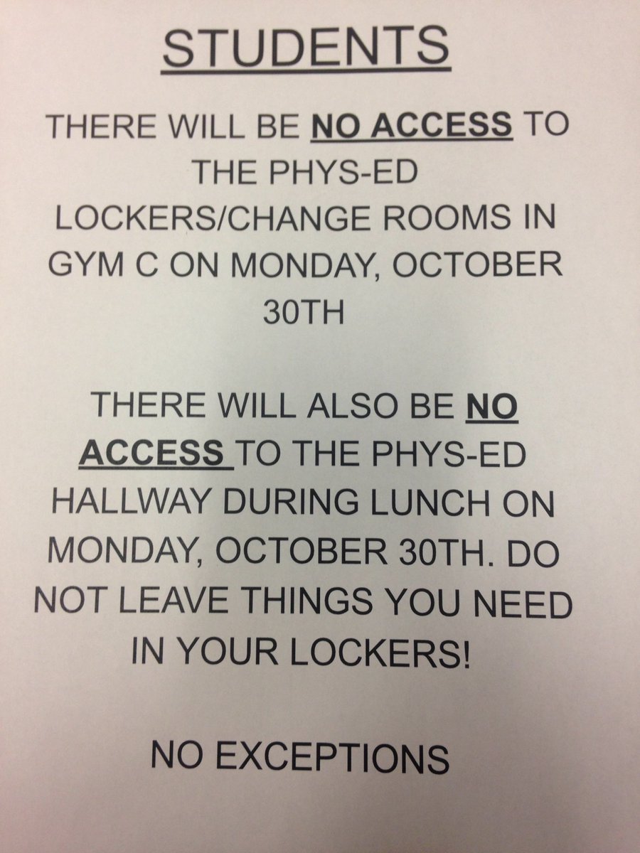 MsGarde's tweet photo. No access to gym c change rooms on Monday and no access to phys-ed hallway Monday at lunch @FraserJags @JFSSathletics https://t.co/EcuBrxSySM