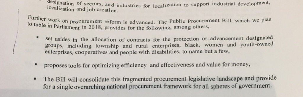 SAgovnews's tweet photo. The Public Procurement Bill which will be tabled in Parliament next year provides for the following #MTBPS2017 https://t.co/e8CEdNVik0