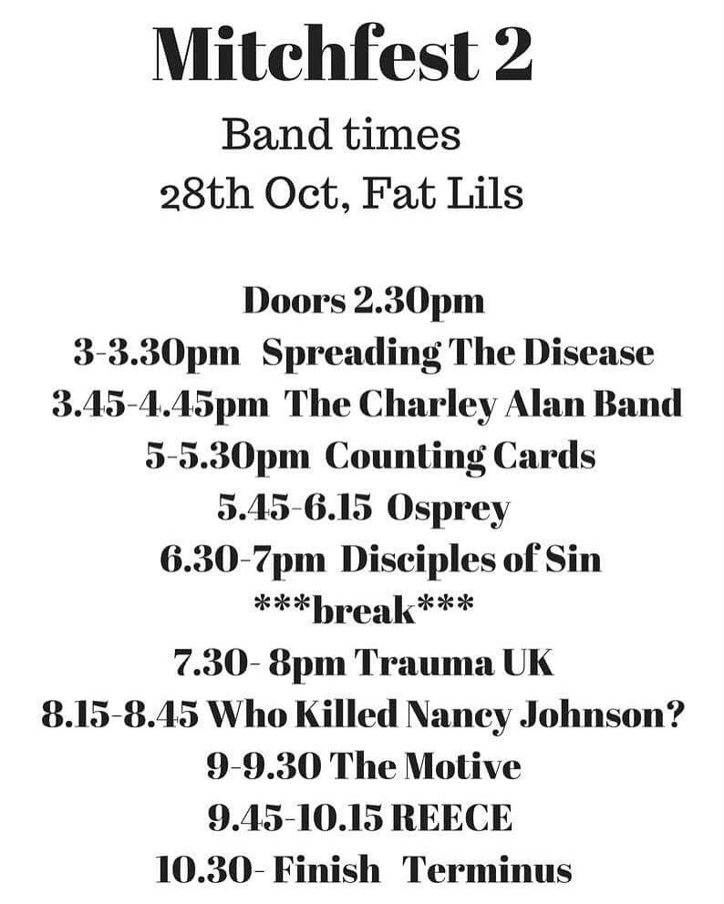 Counting_cards1's tweet photo. Catch us this Saturday at @FATLILS at 5:00PM for MitchFest✌🏼️ here is the lineup! 🤘🏼#Witney #Music https://t.co/N5btMH5AcU